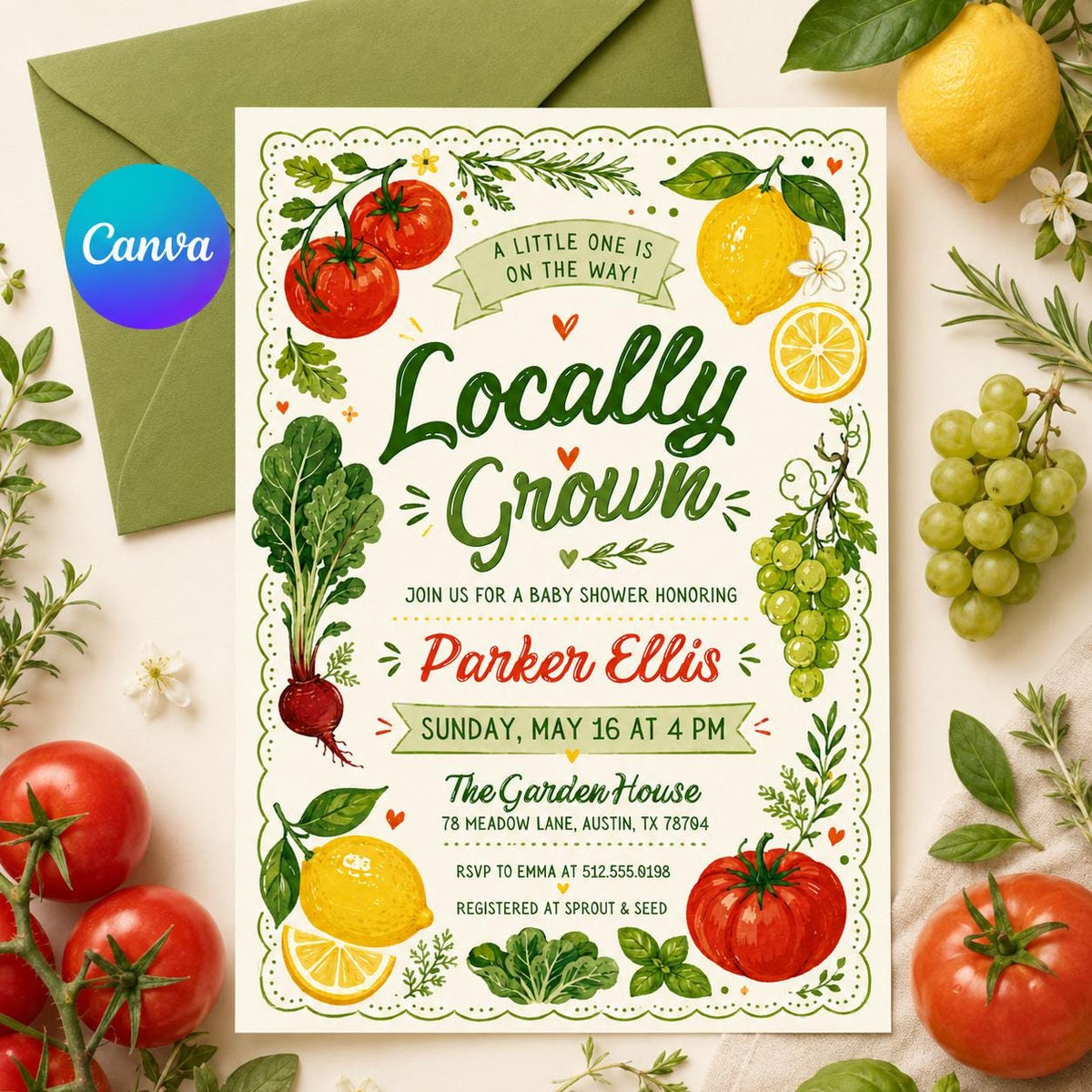 Locally Grown Baby Shower Invitation with Tomatoes and Lemons — editable Canva template