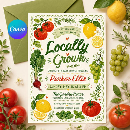 Locally Grown Baby Shower Invitation with Tomatoes and Lemons — editable Canva template