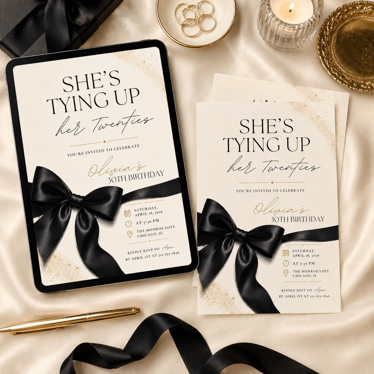She's Tying Up Her Twenties Birthday Invitation with Black Bow — invitation you personalize in Canva