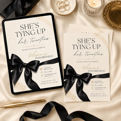 She's Tying Up Her Twenties Birthday Invitation with Black Bow — invitation you personalize in Canva