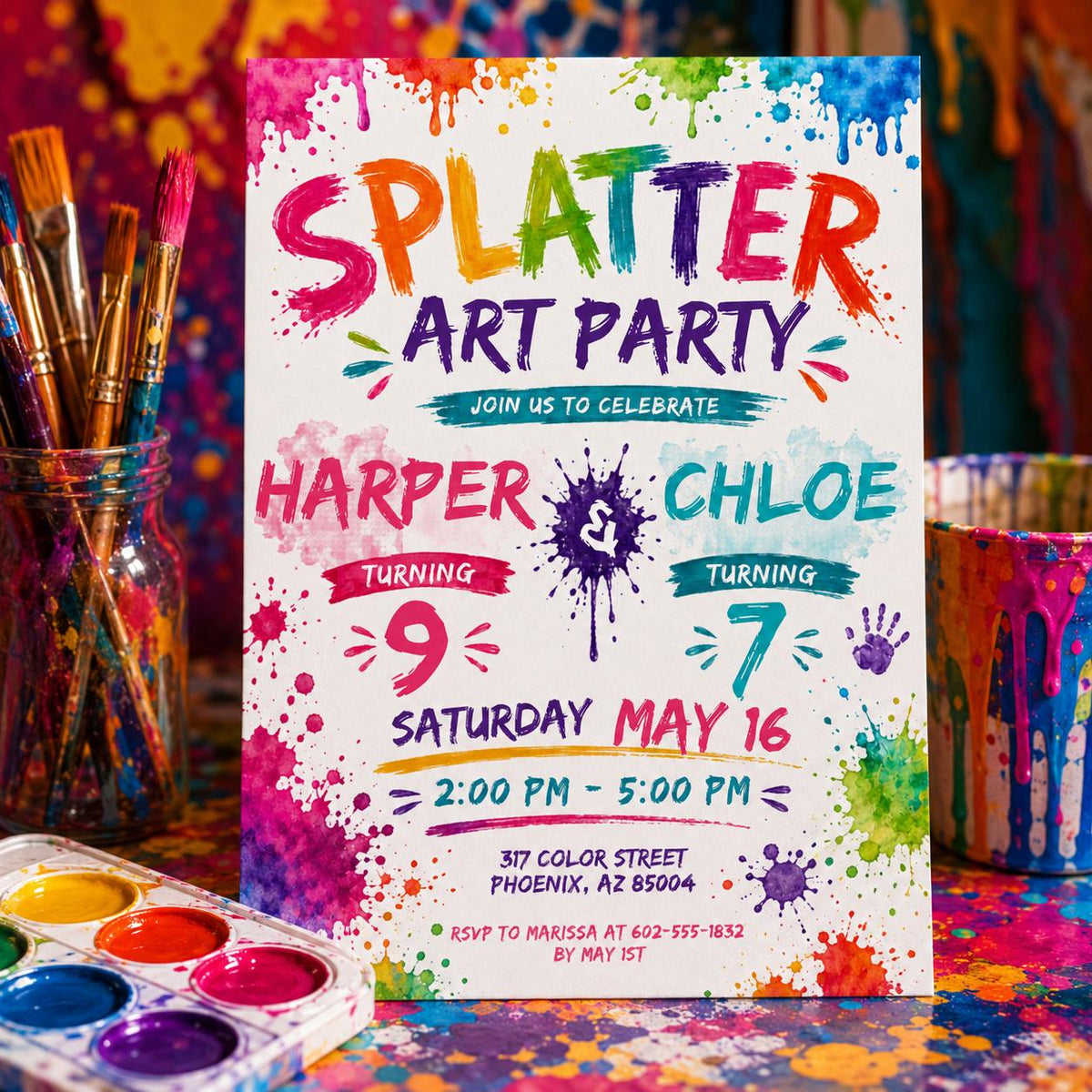 Splatter Art Joint 9th and 7th Birthday Invitation — print-ready 7th birthday party design from VoltBy