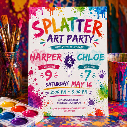 Splatter Art Joint 9th and 7th Birthday Invitation — print-ready 7th birthday party design from VoltBy