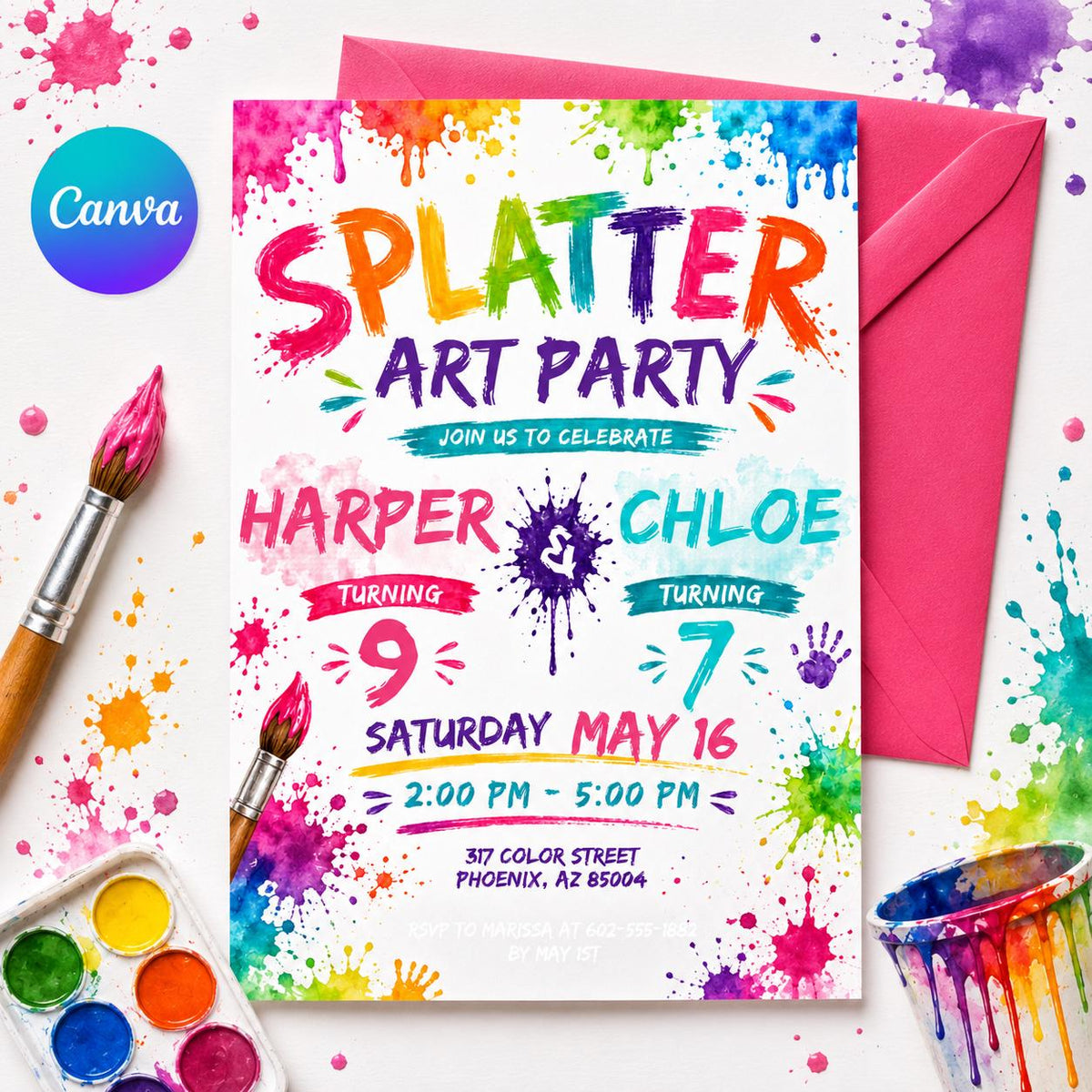 Splatter Art Joint 9th and 7th Birthday Invitation — editable Canva template