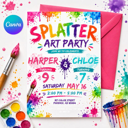 Splatter Art Joint 9th and 7th Birthday Invitation — editable Canva template