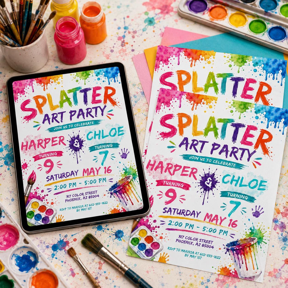 Splatter Art Joint 9th and 7th Birthday Invitation — digital invitation, instant download