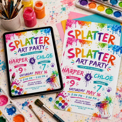 Splatter Art Joint 9th and 7th Birthday Invitation — digital invitation, instant download