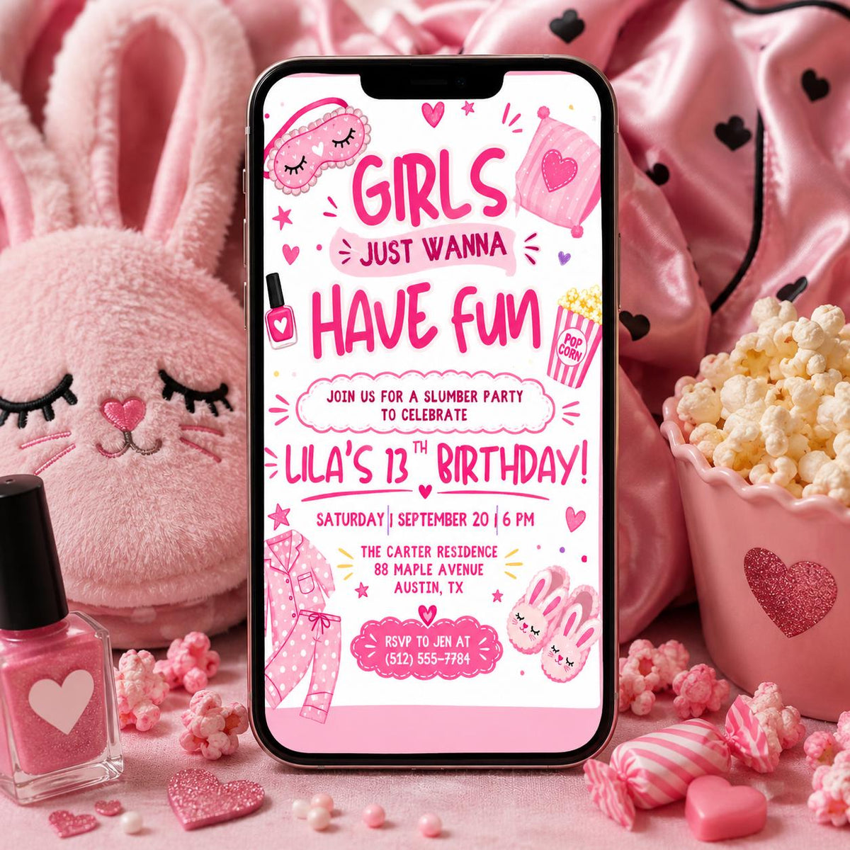 Girls Just Wanna Have Fun Sleepover 13th Birthday Invitation — invitation you personalize in Canva
