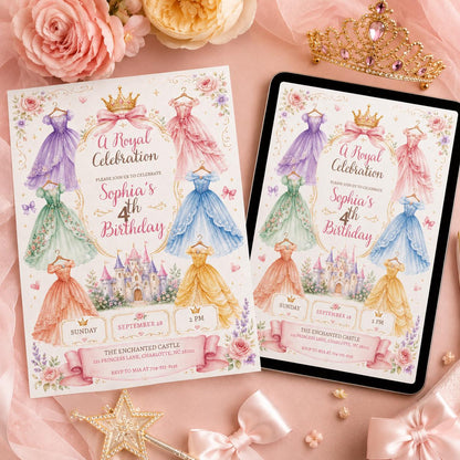Royal Princess 4th Birthday Invitation with Pastel Gowns — print-ready 4th birthday party design from VoltBy