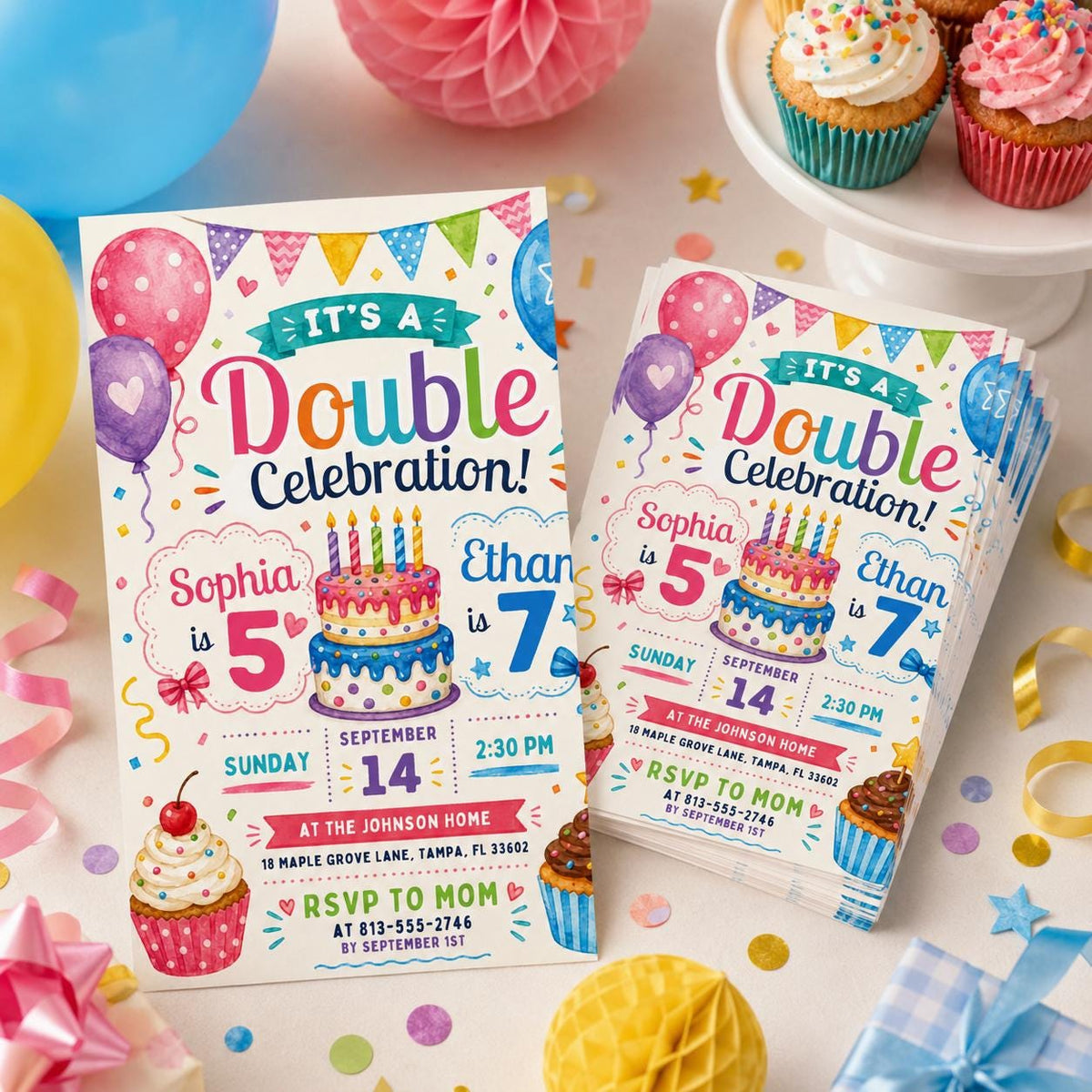 Cake and Balloons Joint 5th and 7th Birthday Invitation — print-ready 5th birthday party design from VoltBy