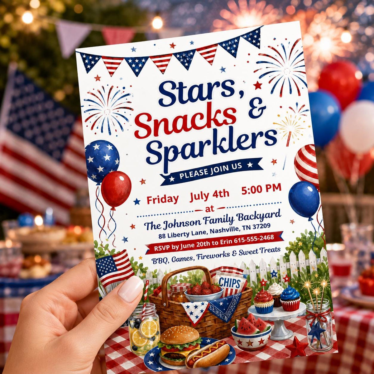 Stars Snacks and Sparklers Fourth of July BBQ Invitation — balloon artwork in blue red