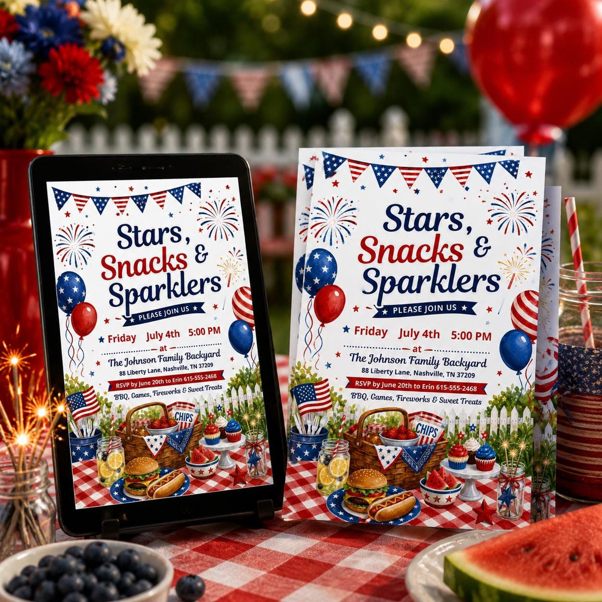 Stars Snacks and Sparklers Fourth of July BBQ Invitation — invitation you personalize in Canva