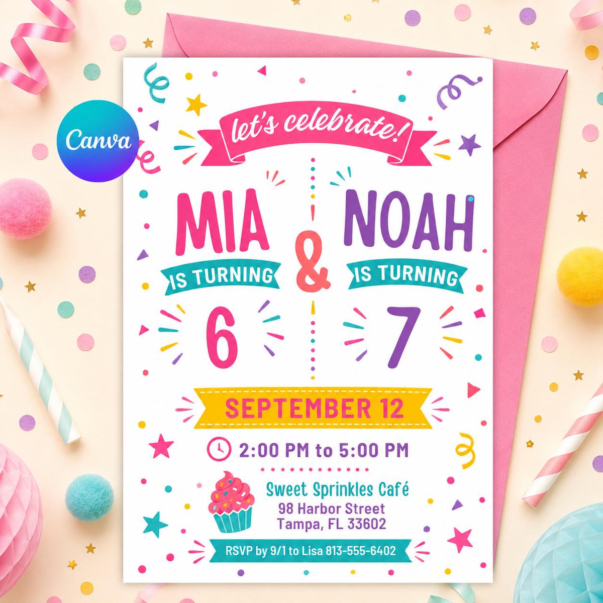 Joint 6th and 7th Birthday Invitation with Teal Name Banners — editable Canva template