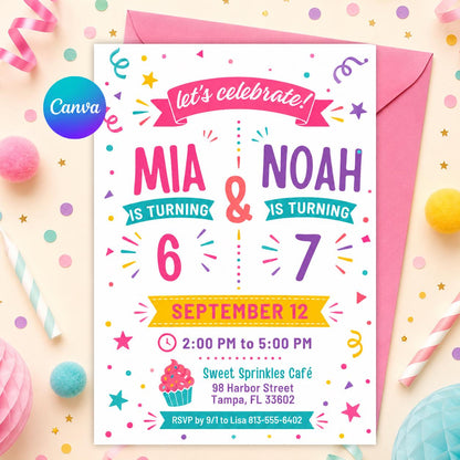 Joint 6th and 7th Birthday Invitation with Teal Name Banners — editable Canva template