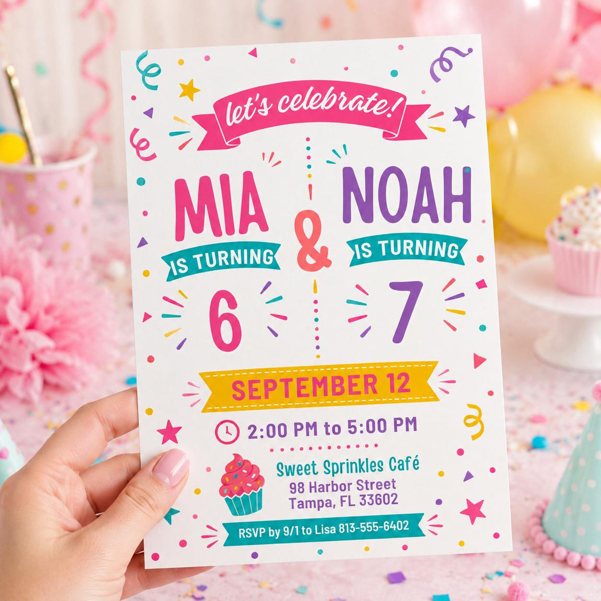 Joint 6th and 7th Birthday Invitation with Teal Name Banners — 6th birthday party stationery by VoltBy