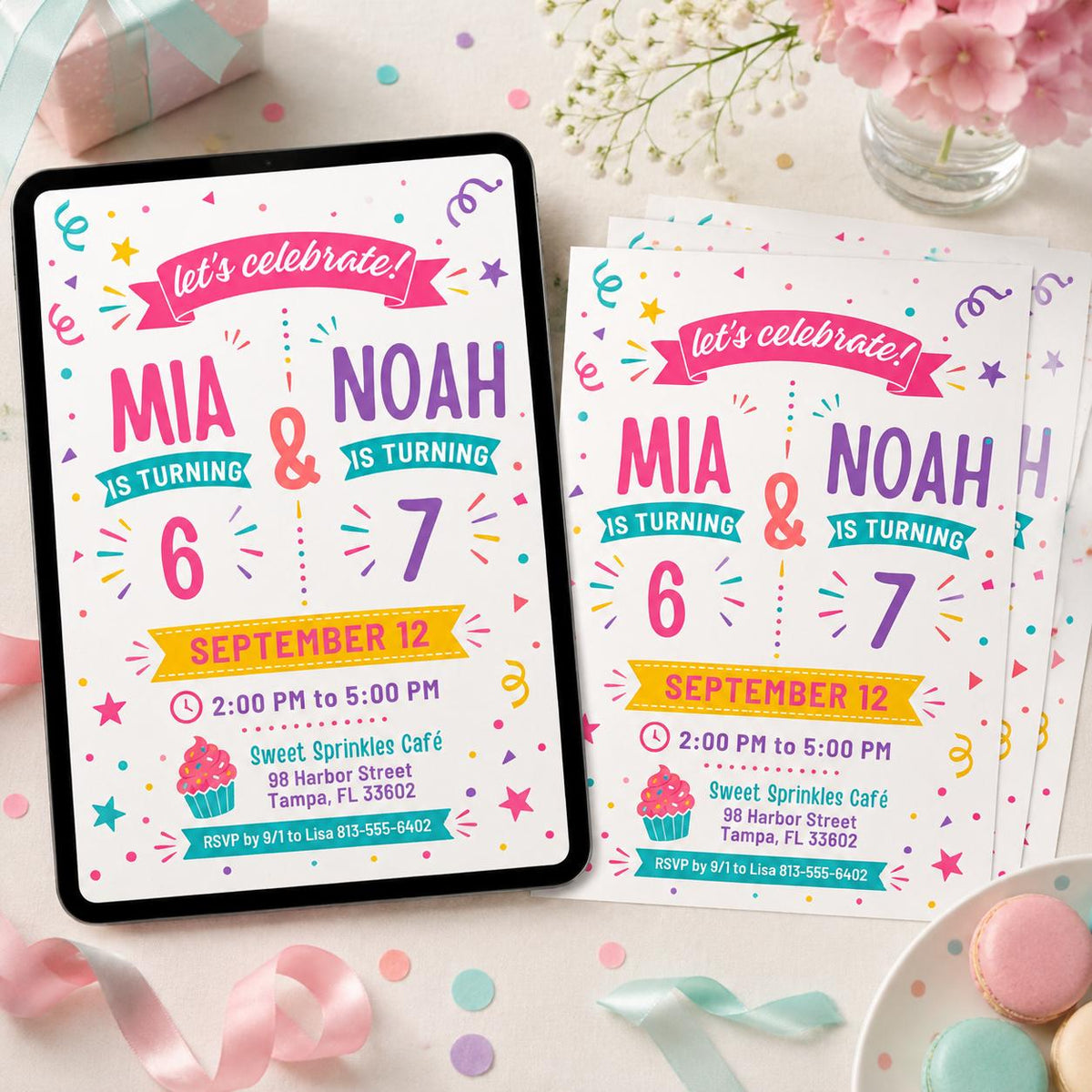 Joint 6th and 7th Birthday Invitation with Teal Name Banners — digital invitation, instant download