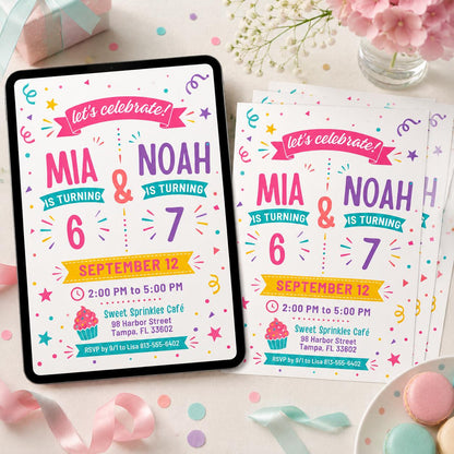 Joint 6th and 7th Birthday Invitation with Teal Name Banners — digital invitation, instant download