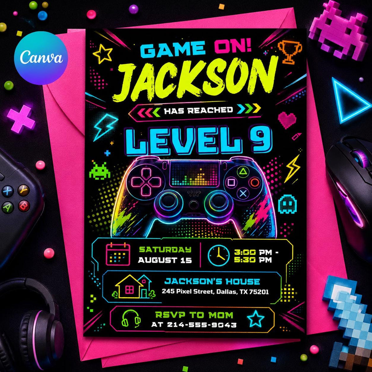 Neon Level 9 Birthday Invitation with Angled Border — editable Canva template