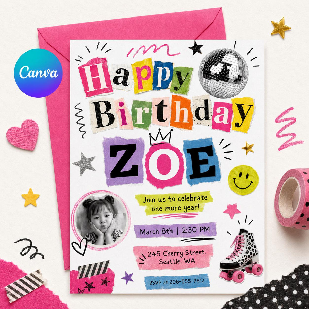 Retro Cutout Birthday Photo Invitation with Disco Ball — editable Canva template