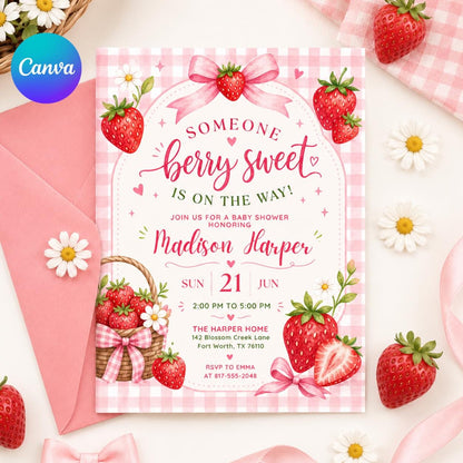 Strawberry Baby Shower Invitation with Pink Gingham — editable Canva template