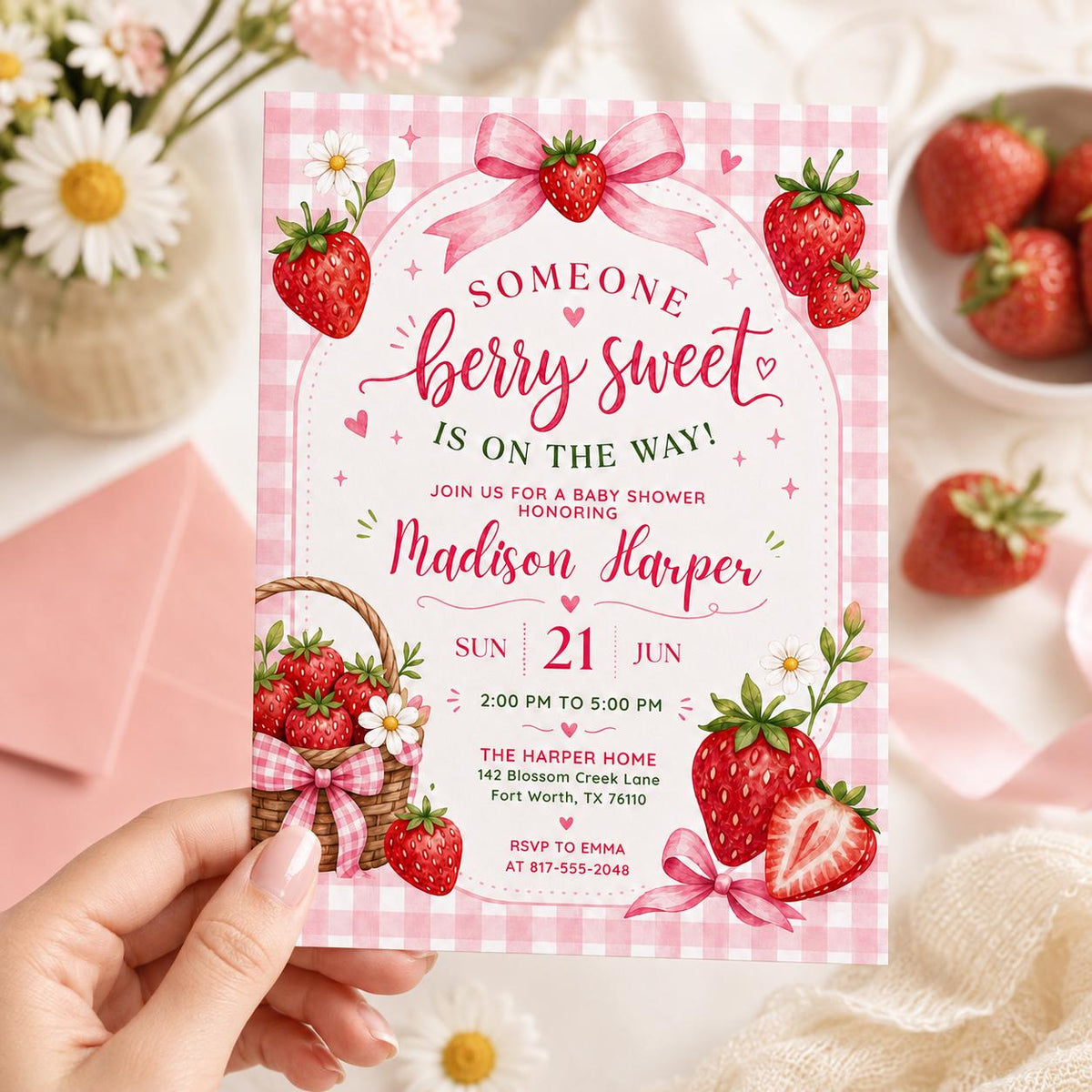 Strawberry Baby Shower Invitation with Pink Gingham — invitation you personalize in Canva