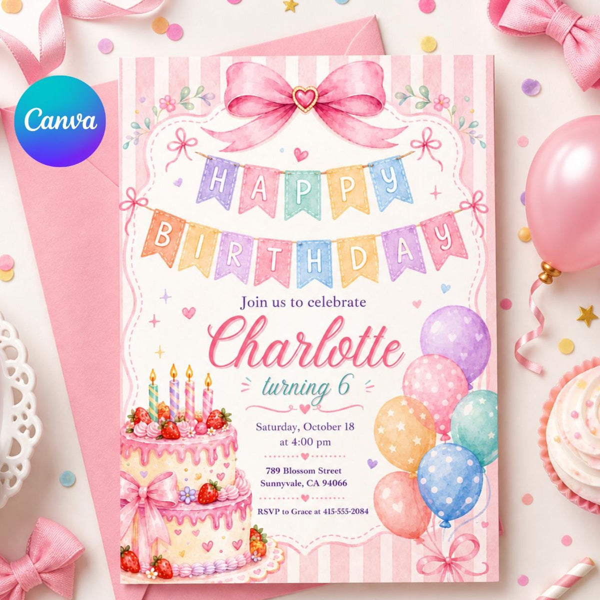 Pink Vintage Pastel Birthday Invitation for Girls — editable Canva template