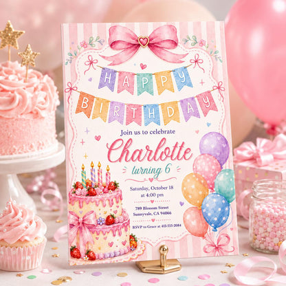 Pink Vintage Pastel Birthday Invitation for Girls — print-ready birthday party design from VoltBy