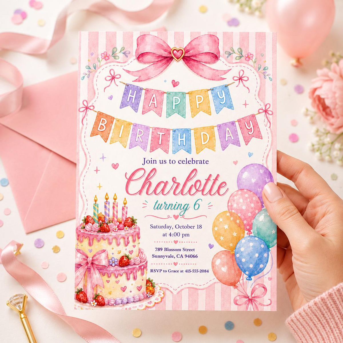 Pink Vintage Pastel Birthday Invitation for Girls — digital invitation, instant download