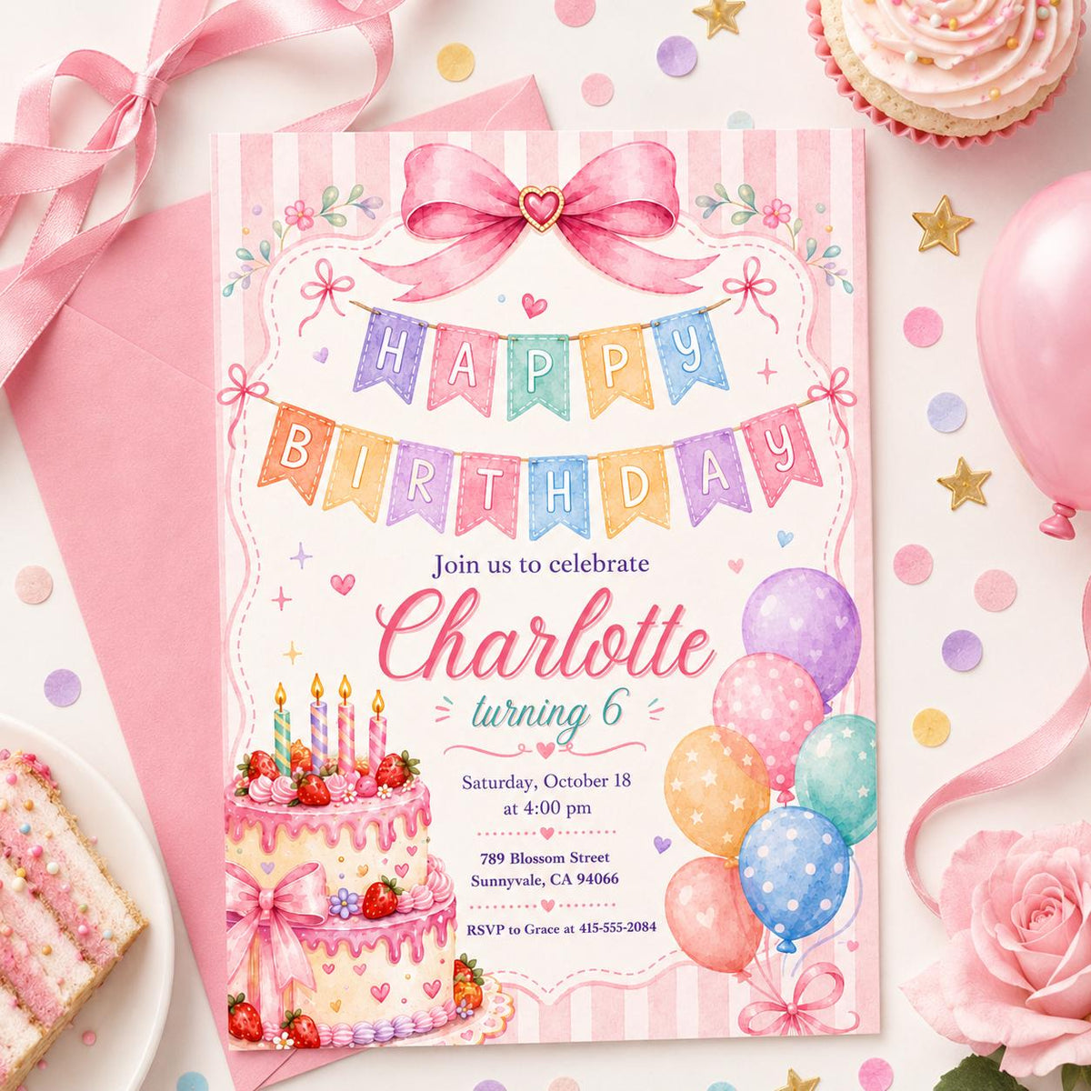 Pink Vintage Pastel Birthday Invitation for Girls — design view 2