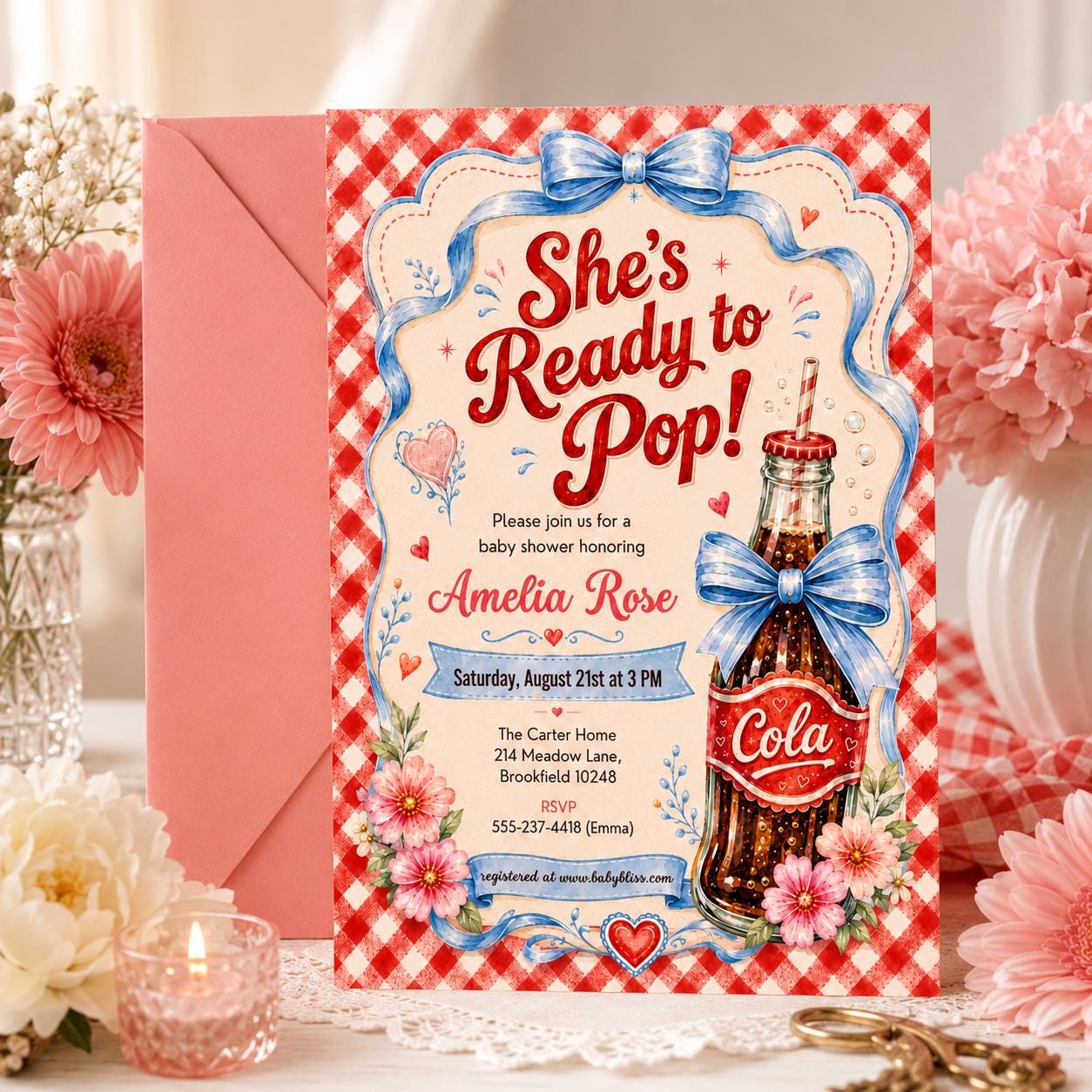 Retro Soda Baby Shower Invitation | Blue, She's Ready to Pop (Editable Canva Template) __etsy:8039665319