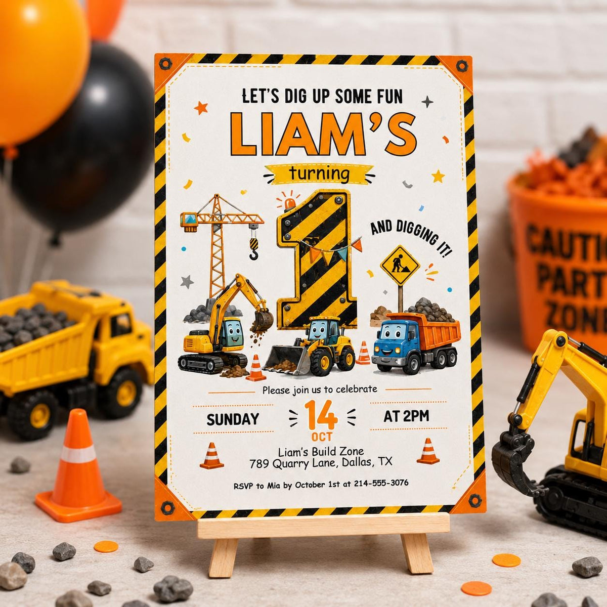 Construction First Birthday Invitation with Hazard-Stripe Number — invitation you personalize in Canva