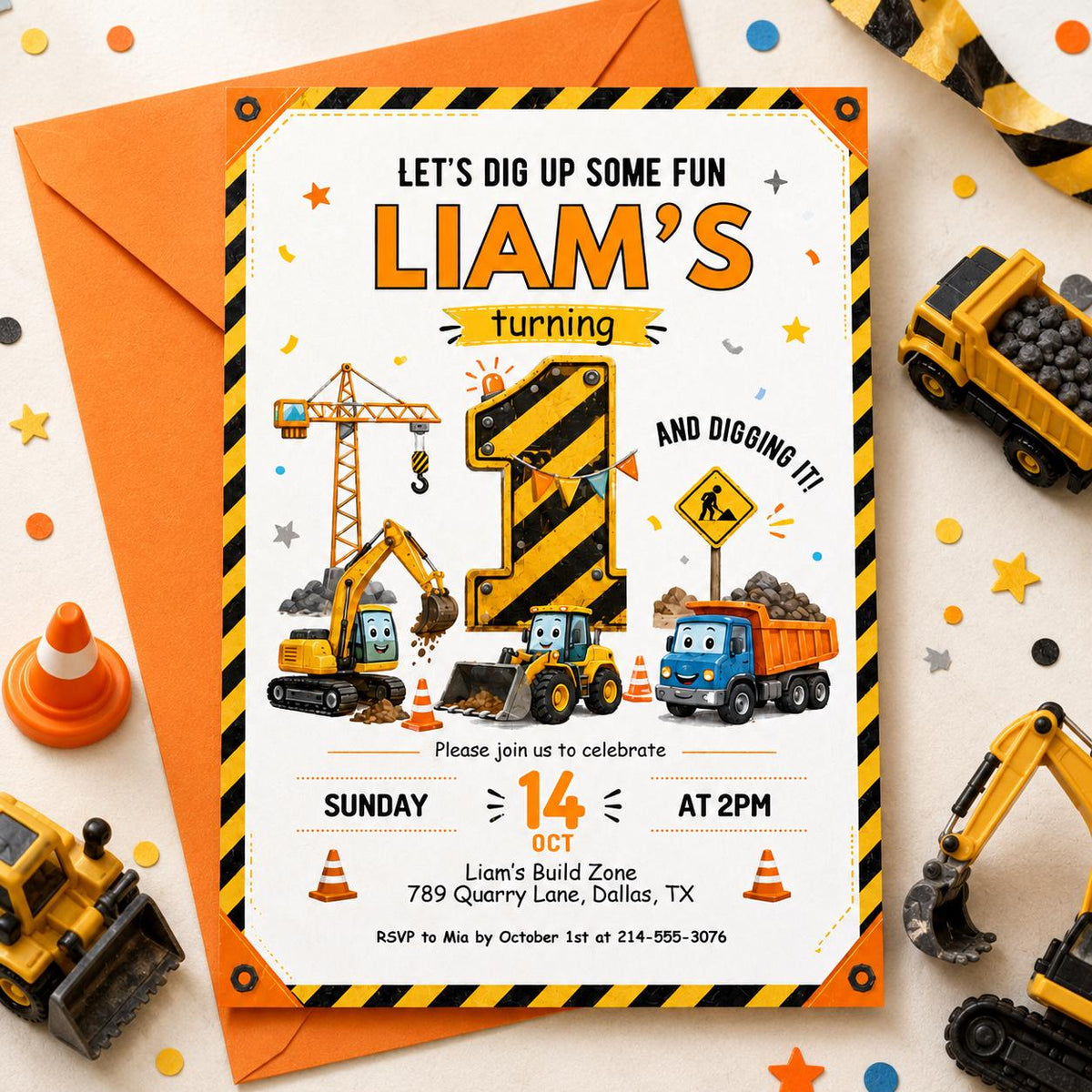 Construction First Birthday Invitation with Hazard-Stripe Number — print-ready first birthday design from VoltBy