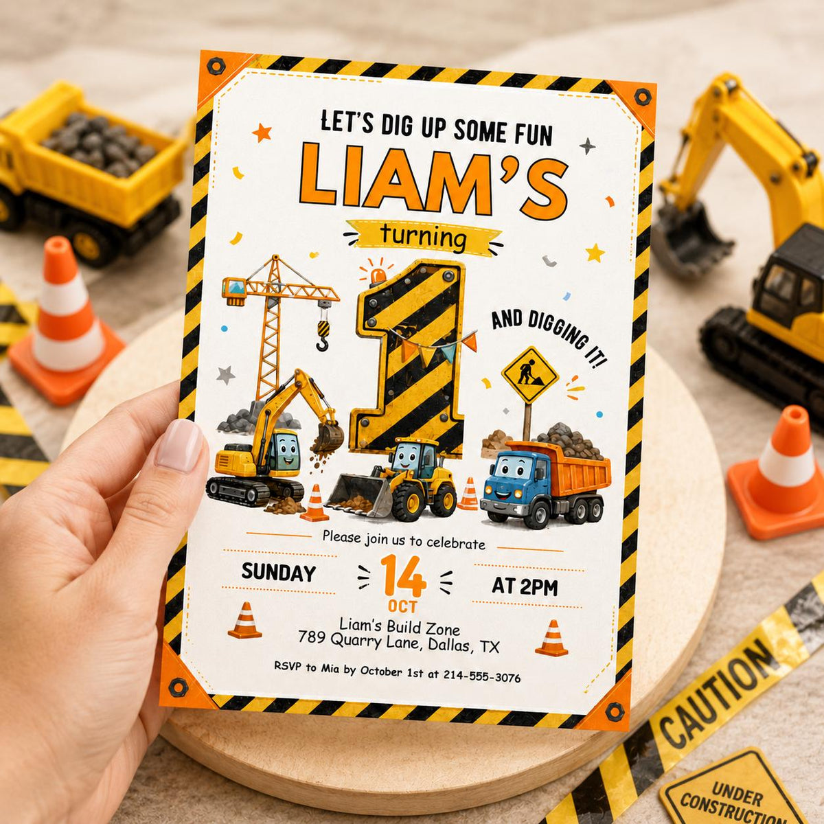 Construction First Birthday Invitation with Hazard-Stripe Number — first birthday stationery by VoltBy