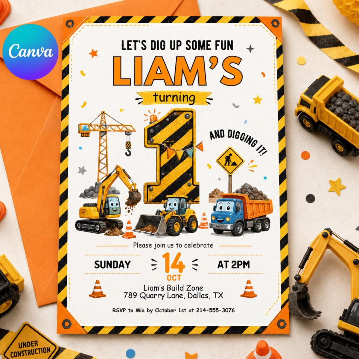 Construction First Birthday Invitation with Hazard-Stripe Number — editable Canva template