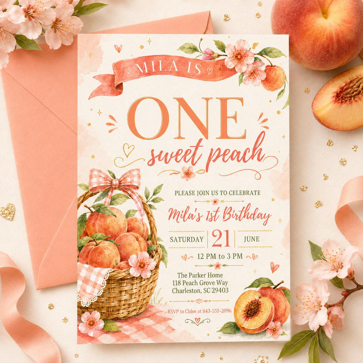 Sweet Peach 1st Birthday Invitation — digital invitation, instant download
