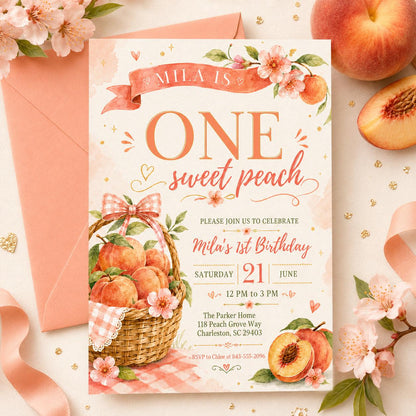Sweet Peach 1st Birthday Invitation — digital invitation, instant download