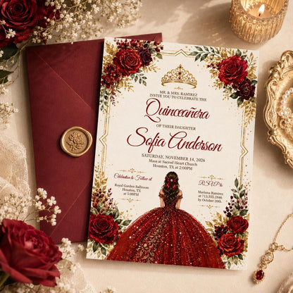 Editable Quinceañera Invitation, Mis Quince Invitation, Quinceanera Invite, Red Roses invitation, Red Gold Black, Mis Quince Anos, Canva __etsy:8039680881