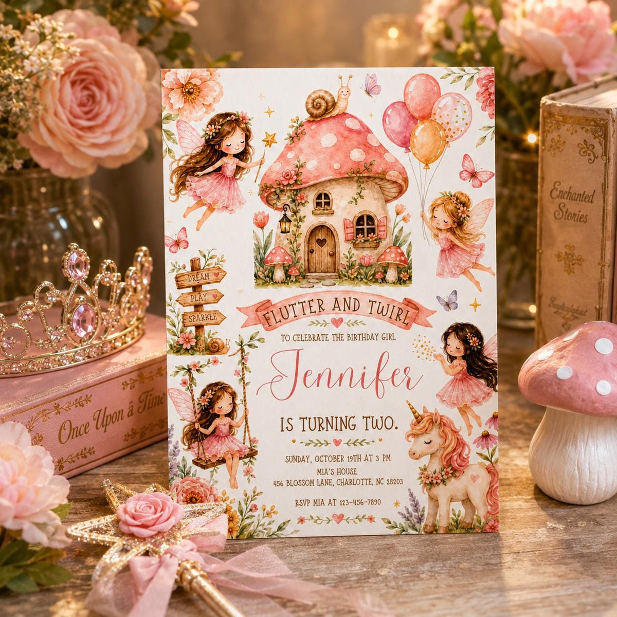 Pink Toadstool Cottage Fairy 2nd Birthday Invitation — invitation you personalize in Canva