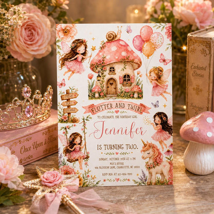 Pink Toadstool Cottage Fairy 2nd Birthday Invitation — invitation you personalize in Canva