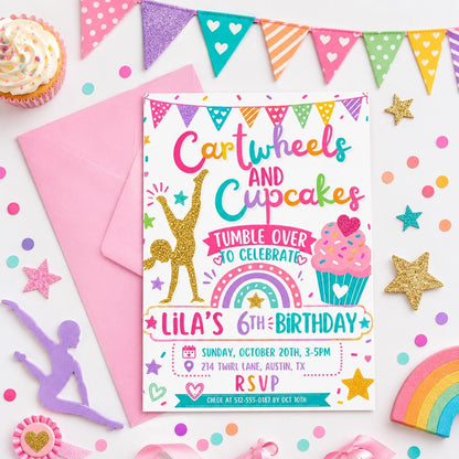 Editable Cartwheels and Cupcakes Birthday invitation, Gymnastics Party invite, Tumbling Birthday, Editable Canva Template __etsy:8039856349