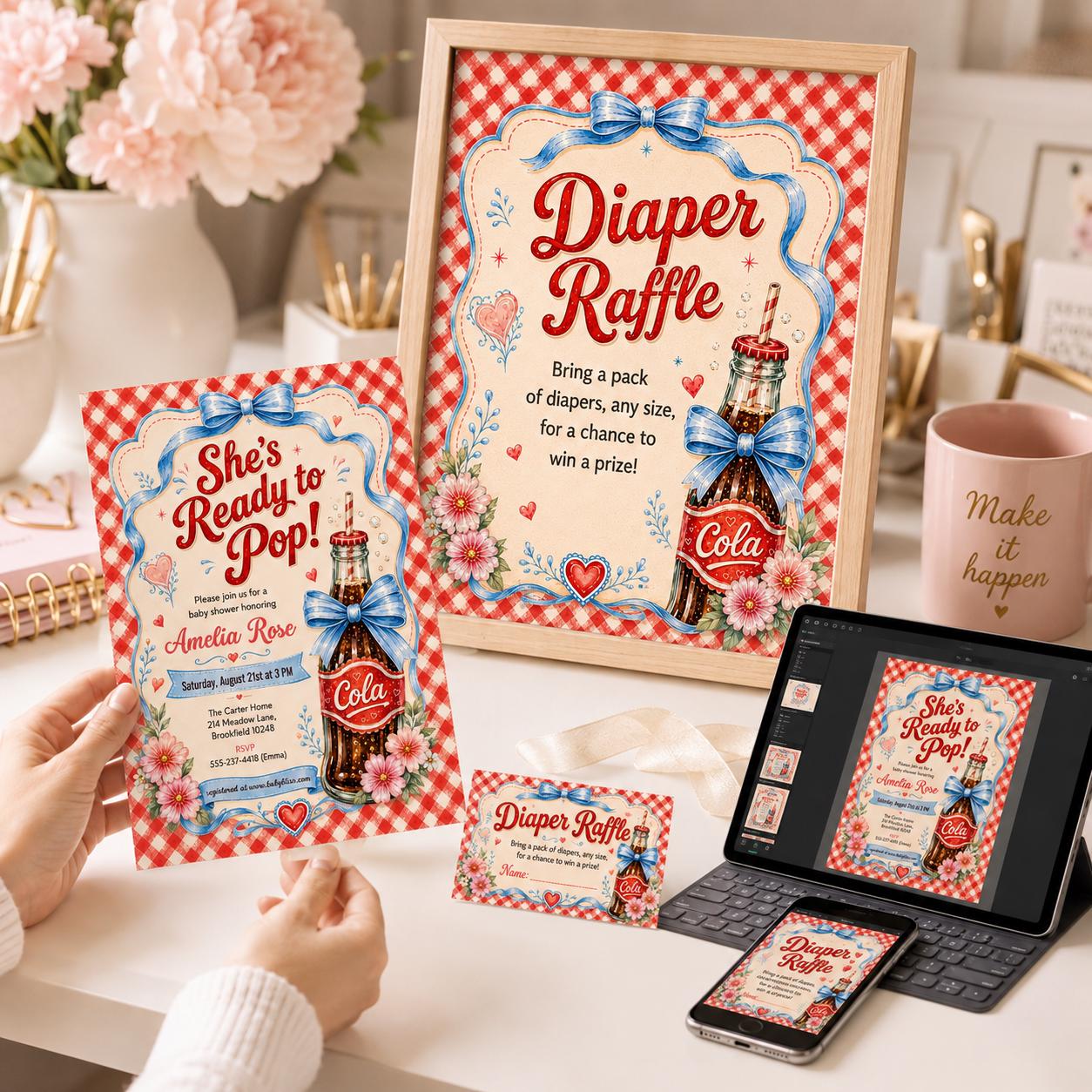 She's Ready to Pop Baby Shower Bundle, Boy Blue Bow Whimsical Vintage Hand Drawn Soda Pop Theme, Soda Pop Boy Baby Shower Ideas, Canva __etsy:8040258306