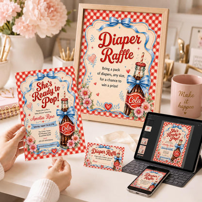 She's Ready to Pop Baby Shower Bundle, Boy Blue Bow Whimsical Vintage Hand Drawn Soda Pop Theme, Soda Pop Boy Baby Shower Ideas, Canva __etsy:8040258306