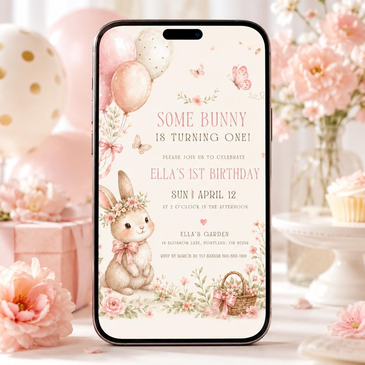 Some Bunny is One Invitation, Pink Bow Rabbit First Birthday Invitation, Coquette Pink Bow Bunny 1st Birthday Invitation, Editable Canva __etsy:8040298430