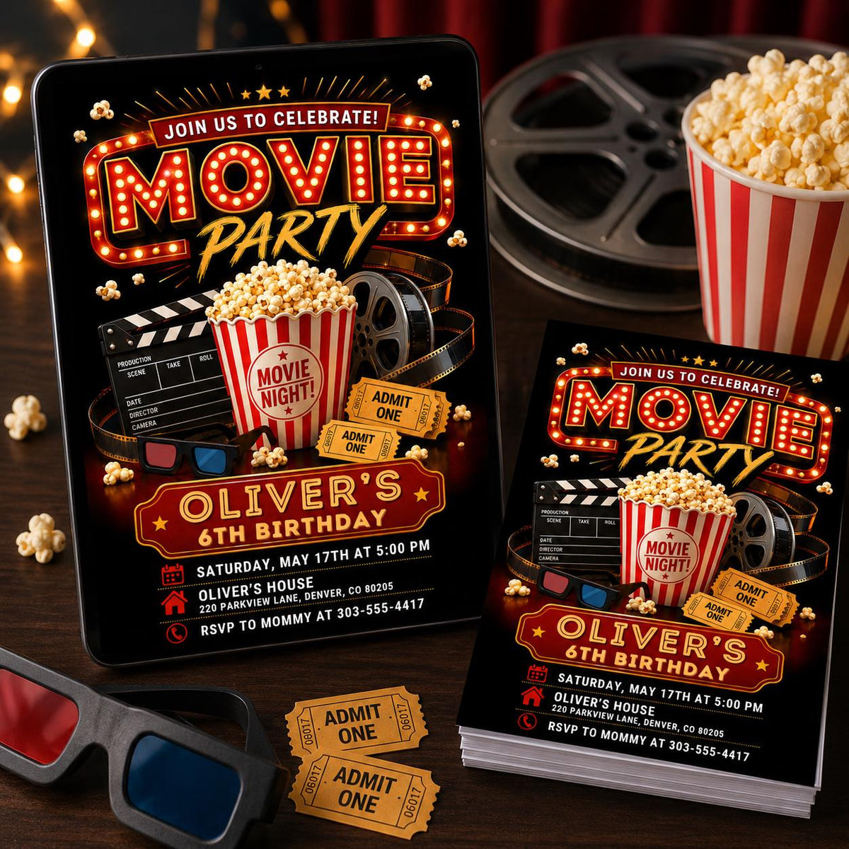 Movie Party 6th Birthday Invitation with Popcorn and Film Reel — invitation you personalize in Canva