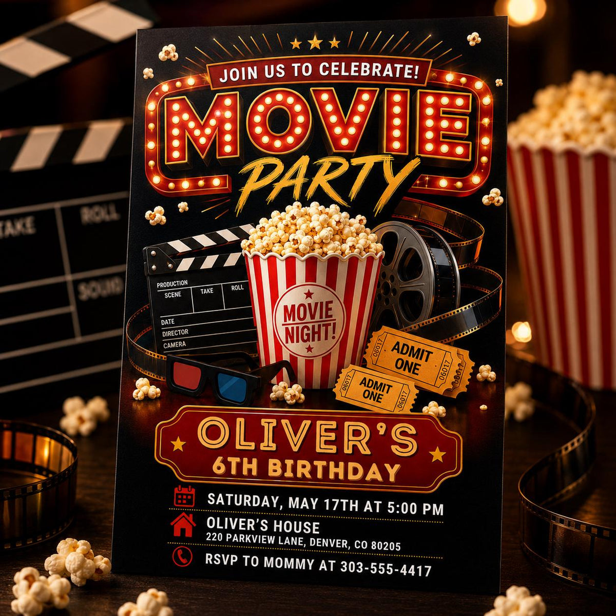 Movie Party 6th Birthday Invitation with Popcorn and Film Reel — print-ready 6th birthday party design from VoltBy
