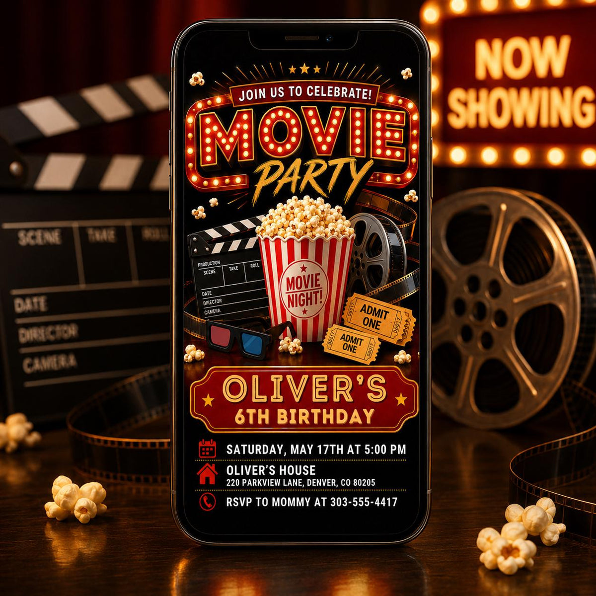 Movie Party 6th Birthday Invitation with Popcorn and Film Reel — digital invitation, instant download