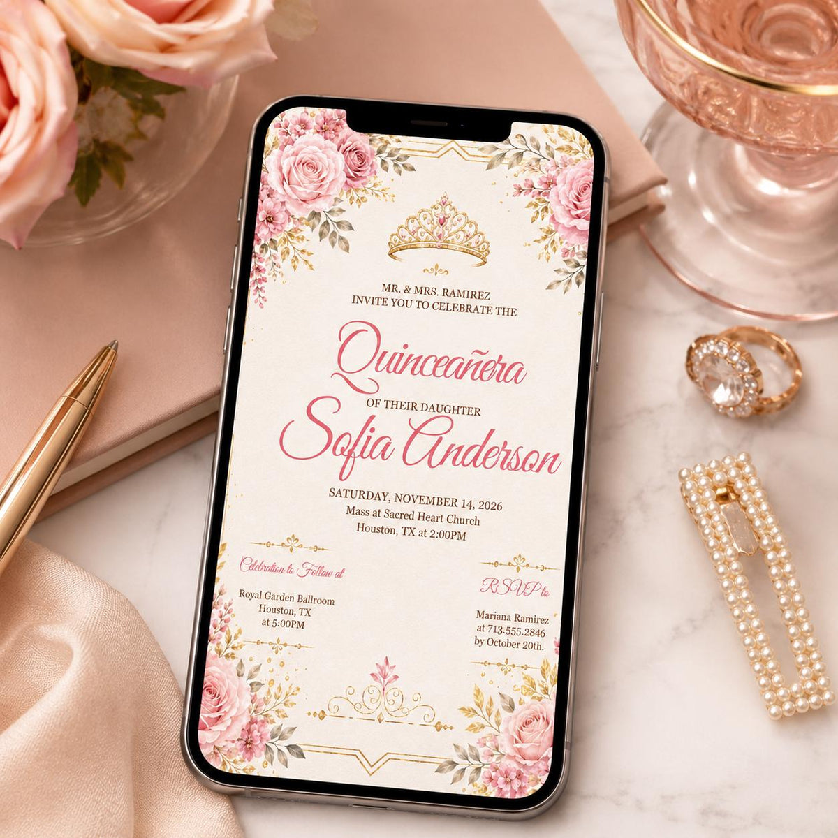Pink Rose Quinceañera Invitation with Gold Crown — digital invitation, instant download