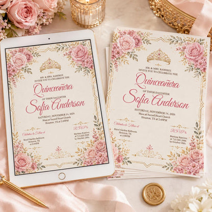 Pink Rose Quinceañera Invitation with Gold Crown — design view 2