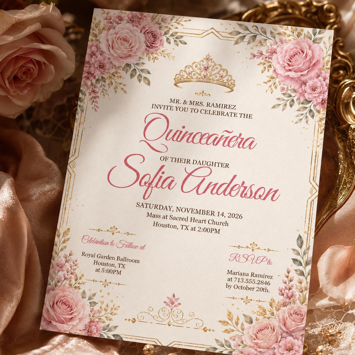 Pink Rose Quinceañera Invitation with Gold Crown — quinceañera stationery by VoltBy