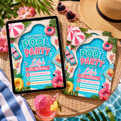 Pool-Shaped 6th Birthday Invitation with Tropical Border — hibiscus design