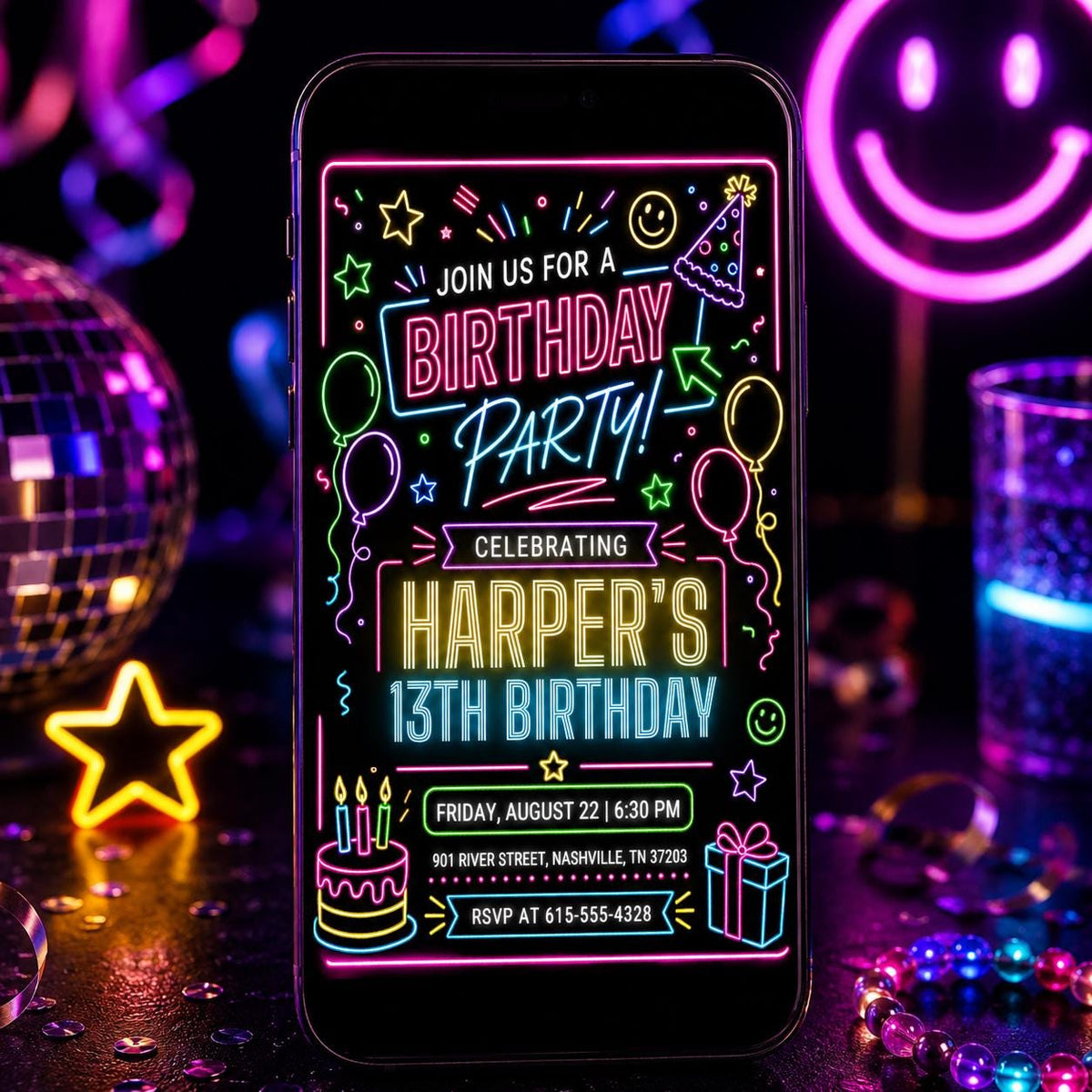 Neon Birthday Party Invitation for a 13th Birthday — invitation you personalize in Canva